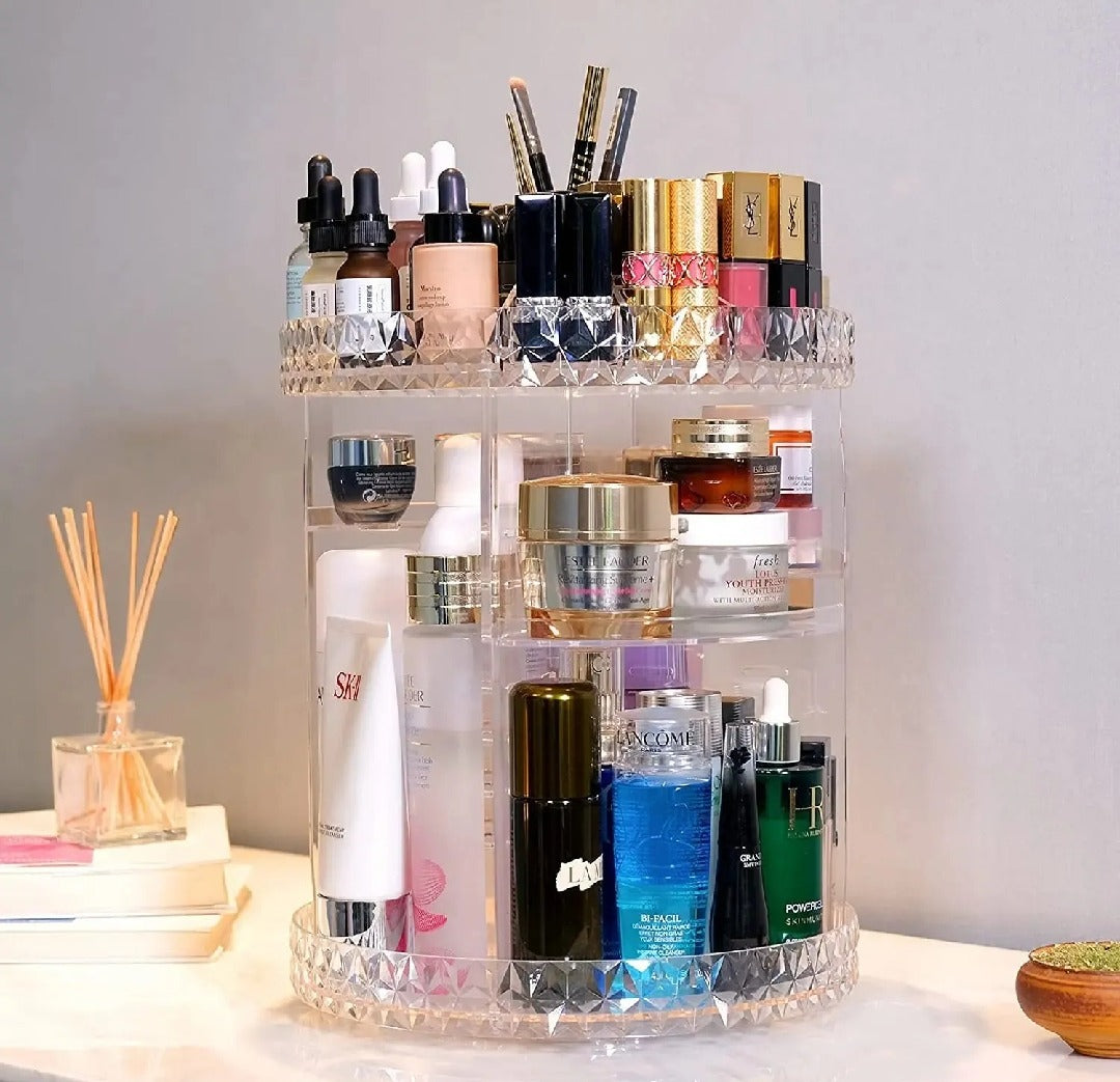2 Tier Rotating Makeup Organizer | 360° Rotating Cosmetic & Skincare Storage Organizer | Beauty Products Holder for Vanity & Bathroom