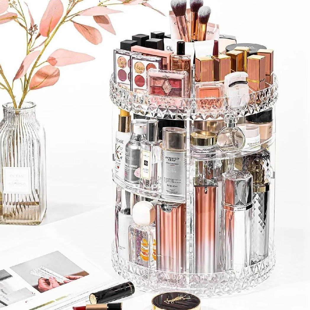 2 Tier Rotating Makeup Organizer | 360° Rotating Cosmetic & Skincare Storage Organizer | Beauty Products Holder for Vanity & Bathroom