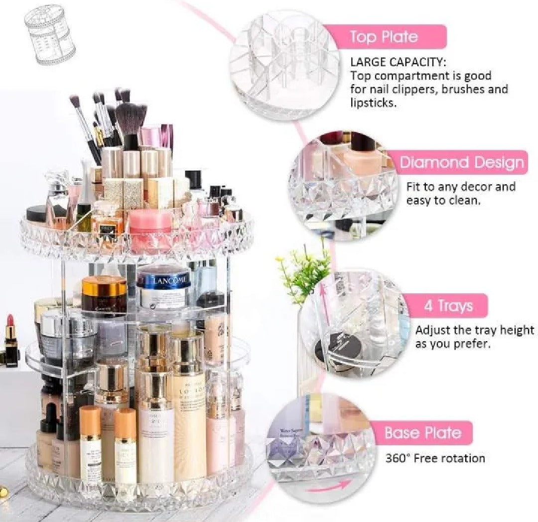 2 Tier Rotating Makeup Organizer | 360° Rotating Cosmetic & Skincare Storage Organizer | Beauty Products Holder for Vanity & Bathroom