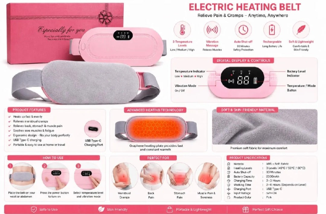 Rechargeable Heating Belt with Digital Temperature Display | Portable Electric Heating Pad for Waist & Body | Adjustable Heat Therapy Belt