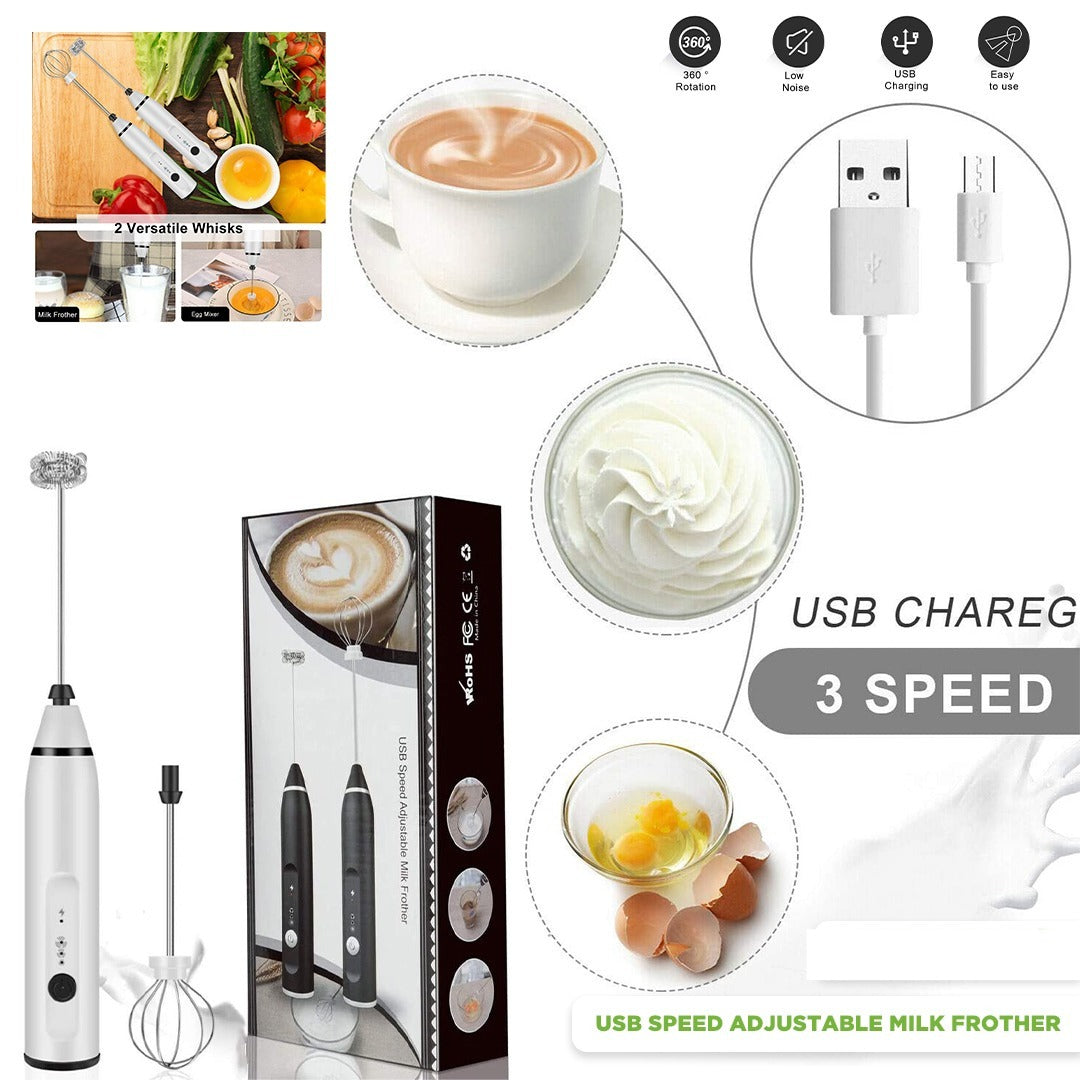 Rechargeable Milk Frother & Coffee Beater | 2-in-1 Electric Handheld Whisk with 2 Mixing Heads | Portable Coffee, Milk & Beverage Mixer