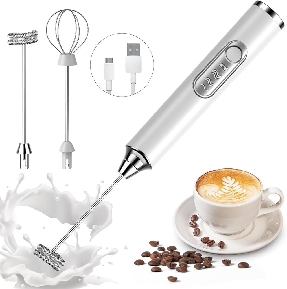 Rechargeable Milk Frother & Coffee Beater | 2-in-1 Electric Handheld Whisk with 2 Mixing Heads | Portable Coffee, Milk & Beverage Mixer