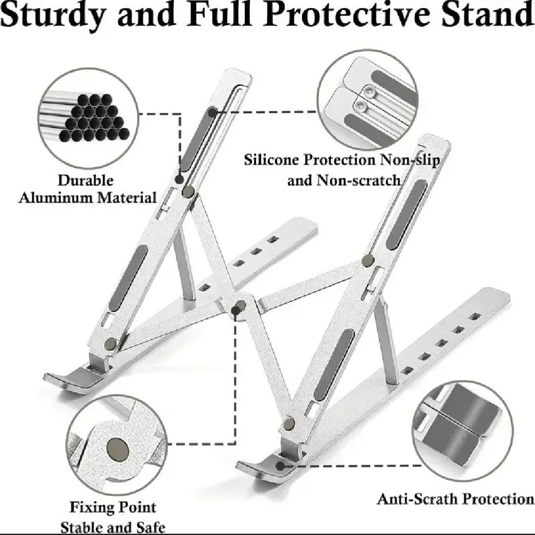 Foldable Aluminum Laptop Stand | Adjustable Height Portable Laptop Holder | Anti-Slip Metal Stand for Desk, Home & Office