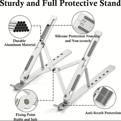 Foldable Aluminum Laptop Stand | Adjustable Height Portable Laptop Holder | Anti-Slip Metal Stand for Desk, Home & Office